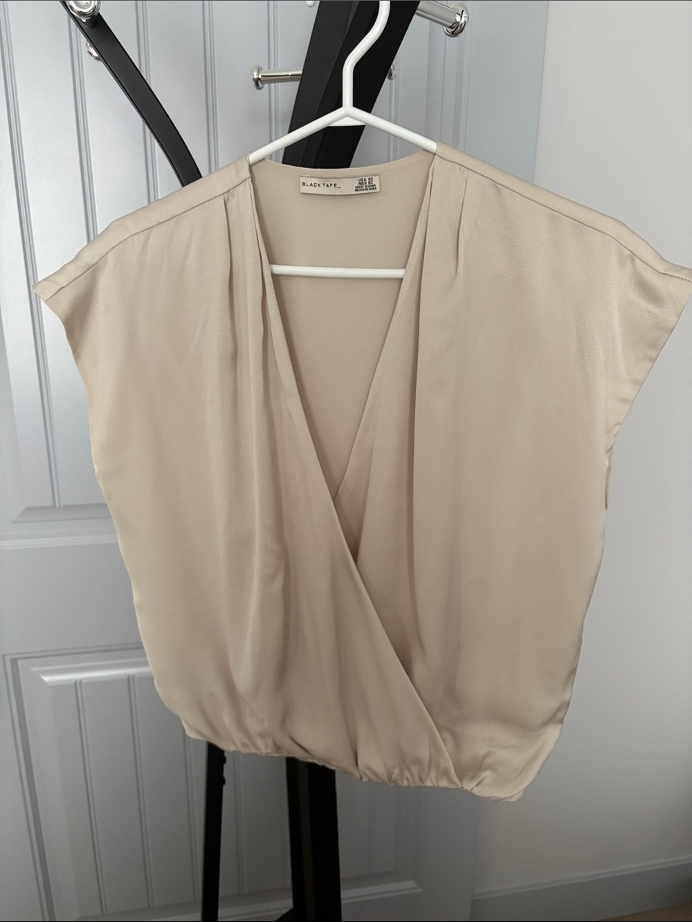 Black Tape_ Beige Surplice Cap-Sleeve Blouse